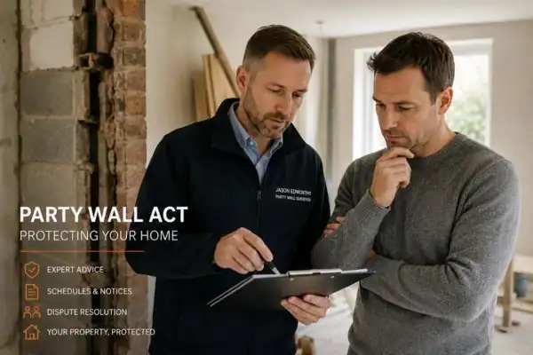 Party wall surveyor Frimley discussing extension plans with homeowner outside a UK semi-detached house.
